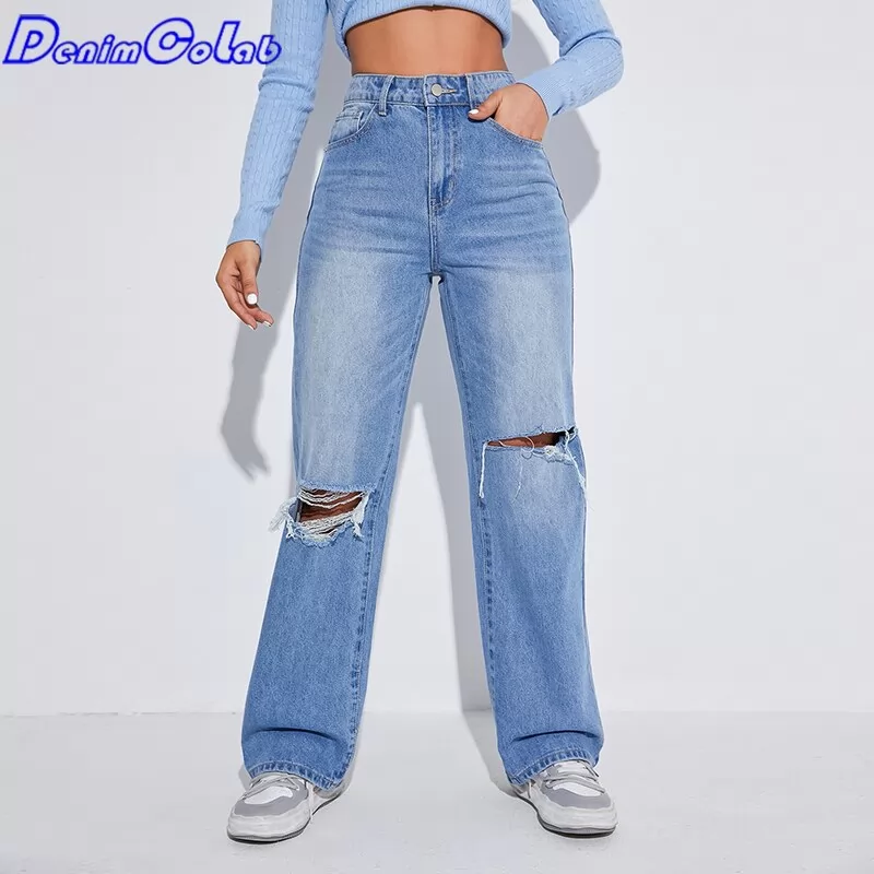 Denimcolab 2022 High Waist Mom Jeans Women Boyfriends Straight Jeans Femme 100% Cotton hole washed Loose Denim pants Vaqueros