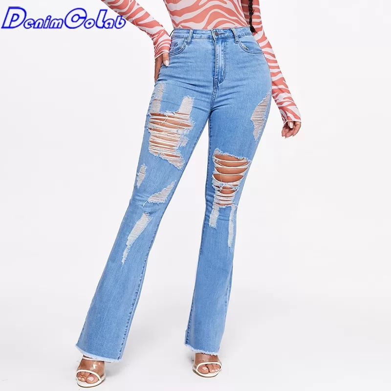 DenimColab 2022 New Hole Washed Flared Pants High Waist Women's Jeans Fashion Fringe Denim Pants Ladies Casual Stretch Jeans