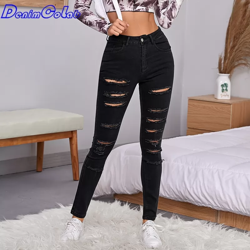 DenimColab 2022 New Hole Wash Black Women's Jeans High Waist Elastic Skinny Denim Pencil Pants Ladies Slim Stretch Jeans