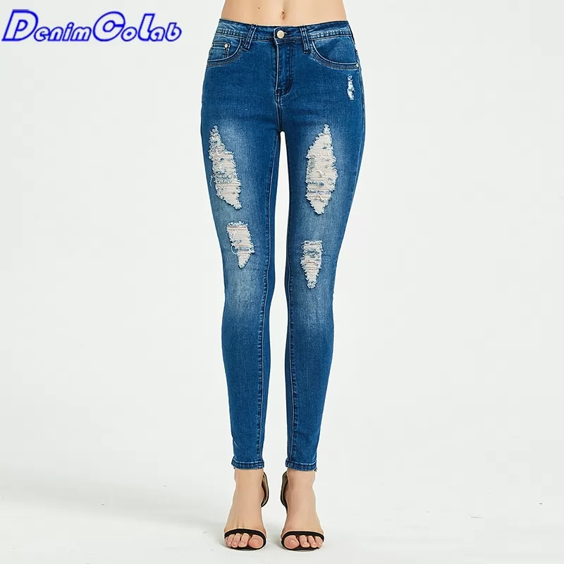 Denimcolab 2022 Fashion Holes Elastic Jeans Pants Women Casual Pencil Pants Ladies Stretch Skinny Ripped Jeans Trousers