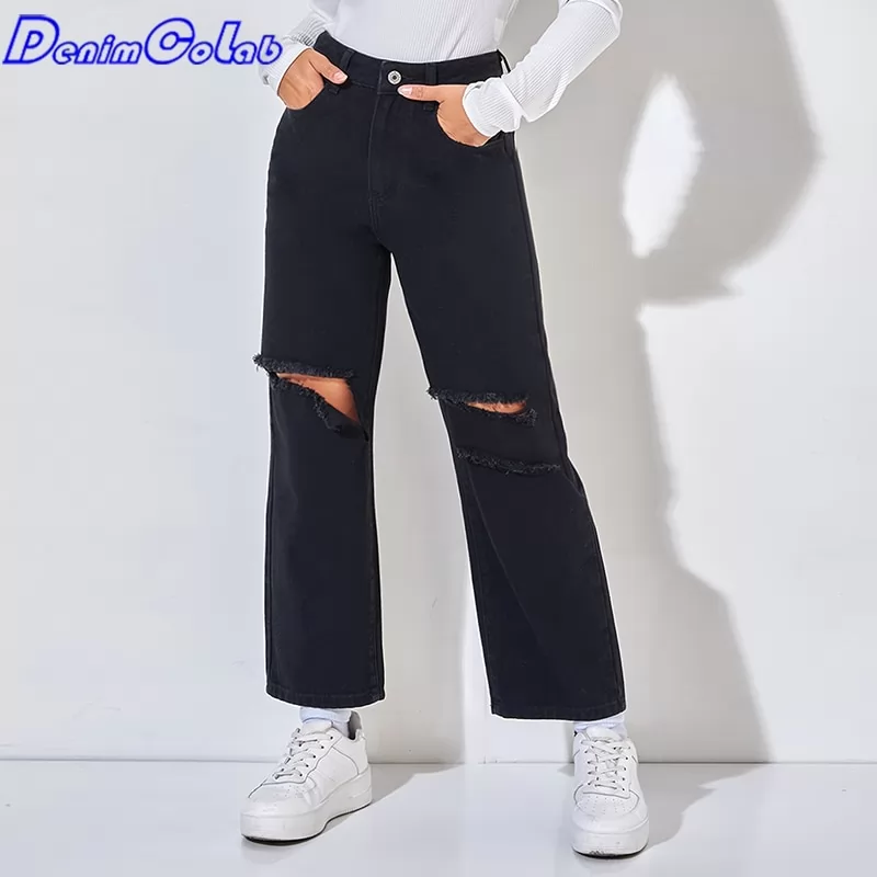 Denimcolab 2022 Hole Washed Black Boyfriend Jeans Women High Waist 100% Cotton Mom Jeans Femme Loose Straight Pants