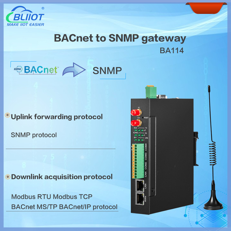 BLIIoT BA114 BACnet MS/TP BACnet/IP to SNMP Gateway can act as a BACnet client or server, meaning both BMS systems and other BACnet devices can easily access data from SNMP devices