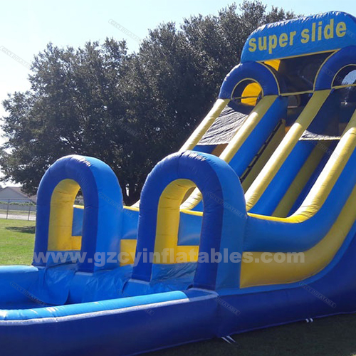Commercial outdoor yellow and blue double slide inflatable slide with pool