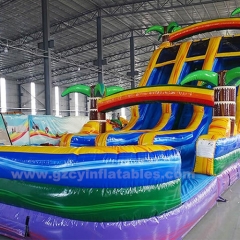 Commercial backyard palm tree jumping trampoline water slide combination with pool inflatable slide
