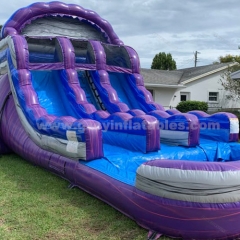 Large purple double slide slide with pool