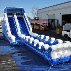 Marble Blue Double Lanes Slide, Inflatable Water Slide with Pool for Kids