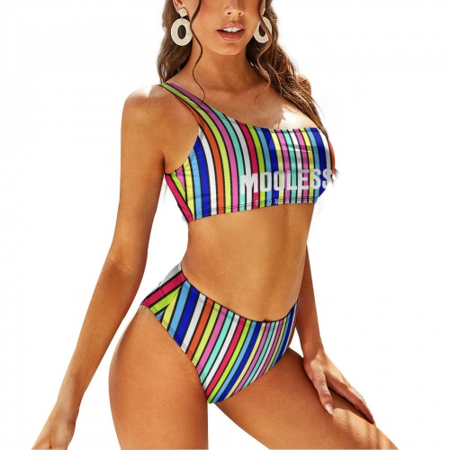 Single Shoulder Full Print  Bikini Swimsuit