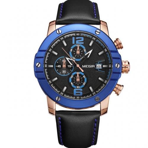 MEGIR Business Leisure Textured Dial Multi-function Leather Strap Luminous Men's Quartz Watch