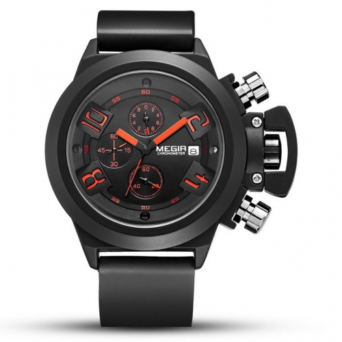 MEGIR Stereo Textured Multi-function Dial Silicone Band Sports Luminous Calendar Men's Quartz Watch