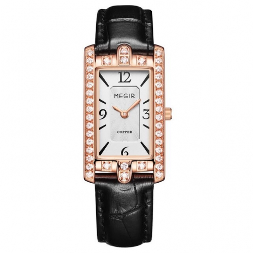 MEGIR Retro Diamond Inlaid Square Dial Leather Strap Imported Movement Waterproof Ladies Quartz Watch