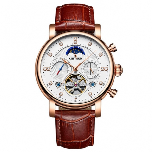 KINYUED Moon Phase Display Diamond Inlaid Hollowed Dial Calendar Leather Strap Waterproof Men's Automatic Watch