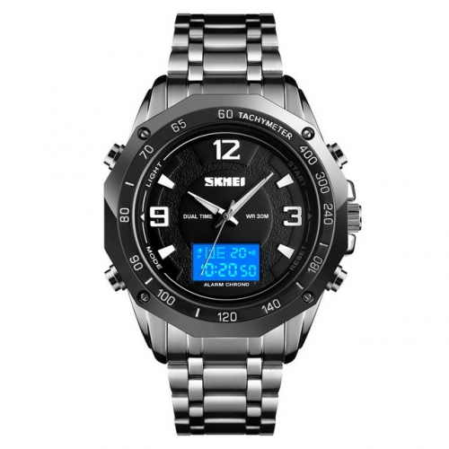 SKMEI Double Display Textured Dial Multi-function Chronograph Dual Time-zones Waterproof Electronic Men's Watch