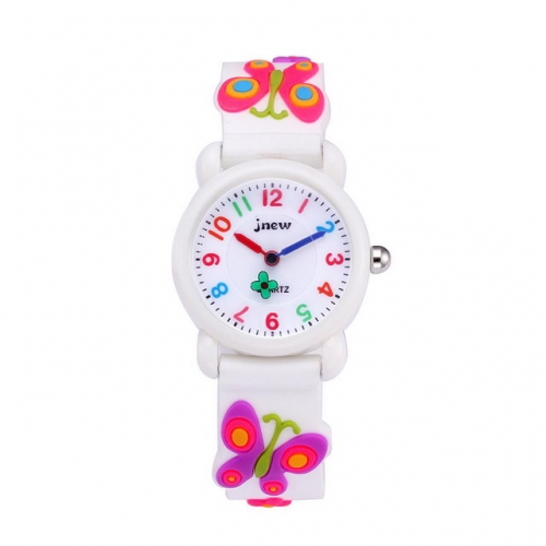 JNEW Lovely Butterfly Shape Second Pointer Stereo Silica Gel Band Colorful Butterfly Waterproof Quartz kids Watch