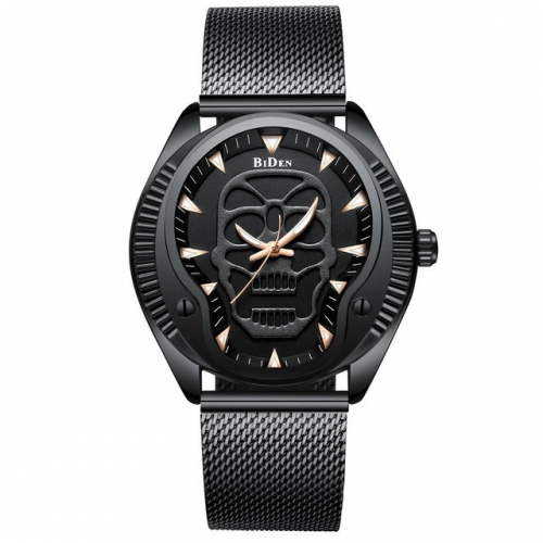 BIDEN Unique Stereo Skull Pattern Carving Dial Mesh Band Personality Casual Waterproof Quartz Men's Watch