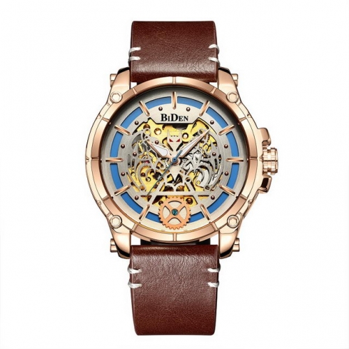 BIDEN Hollowed Exquisite Dial Luminous Waterproof High-grade Leather Strap Automatic Men's Watch