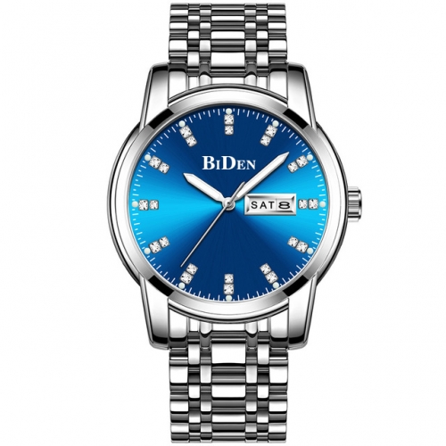 BIDEN Light Luxury Diamond Scale Business High-grade Calendar Week Luminous Waterproof Steel Band Quartz Men's Watch