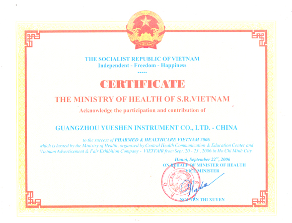 Certificate of honor issued by Ministry of Health of Vietnam