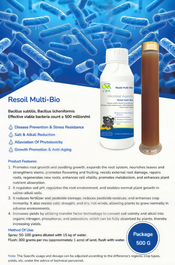 Resoil Multi-Bio biological bacterial fertilizer: Bacillus subtilis, Bacillus licheniformis Effective viable bacteria count ≥ 500 million/ml ☆ Disease Prevention & Stress Resistance ☆ Salt & Alkali Reduction ☆ Alleviation Of Phytotoxicity ☆ Growth P