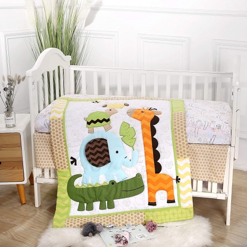 Come to The Zoo Party 3pc Soft Cotton Crib Bedding Set include quilt,bed skirt,fitted sheet