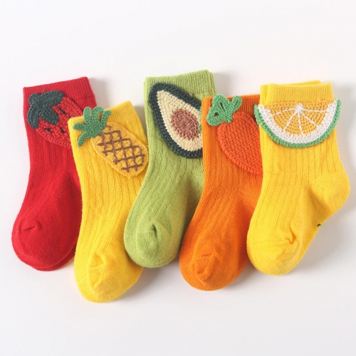 Spring Children's Socks Rubber Soles Cute Fruit Embroidery Baby Boys Girl Cotton Socks