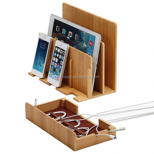 100% Bamboo Wood Multi-device Charging Station phone stand and Dock - Charges for phone devices holder mobile charge station