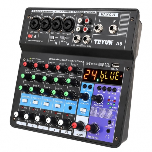 6 Channel Audio Mixer Portable Sound Mixing Console USB Interface Computer Input 48V Phantom Monitor Audio Recording