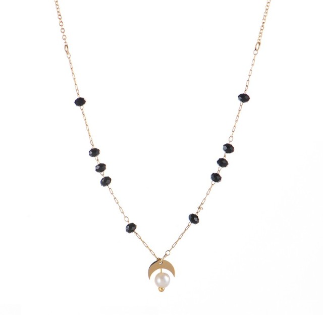Black glass bead station chain with pearl and moon necklace