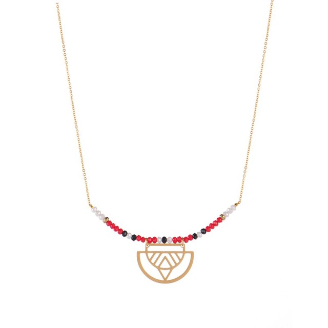 Triple color beaded bar with ethnic charm necklace