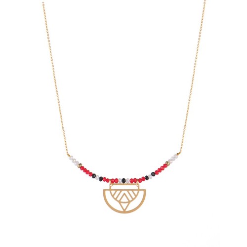 Triple color beaded bar with ethnic charm necklace