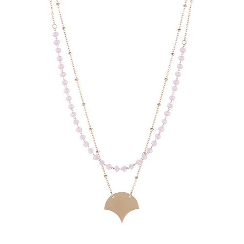 Artdeco style fan shape pendant with pink beaded chain layered necklace