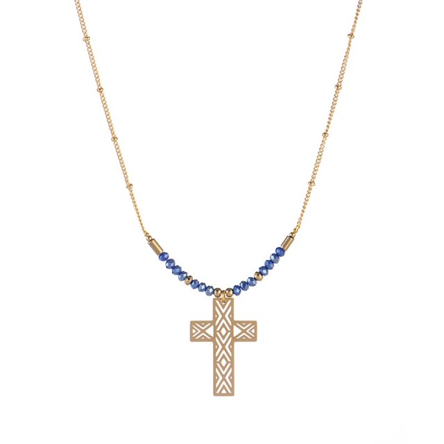 Geometric openwork cross pendant with blue beaded bar necklace