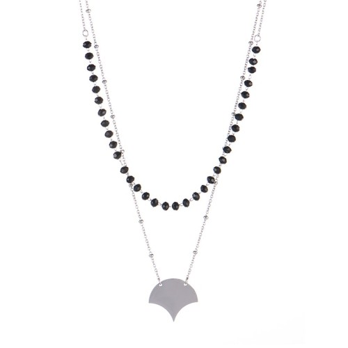 Art deco style ginkgo ornament necklace with black beaded chain