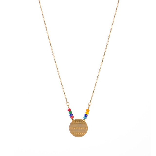 Aztec pattern medallion necklace with colorful bead bar