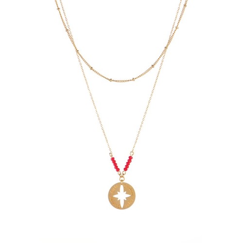 Gold plated compass medallion necklace with red bead bar each side