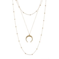 Tiny ball station chain and crecent moon triple rang layered necklace