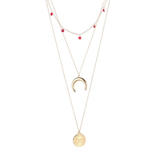 Red CZ crescent moon penny coin triple layered necklace
