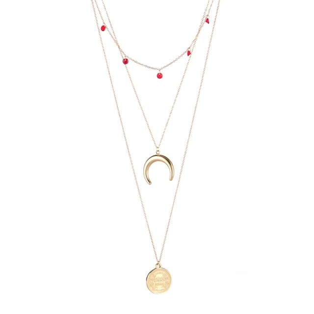 Red CZ crescent moon penny coin triple layered necklace