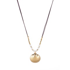 Gold plated Scallop shell with pearl and cube bead cord necklace