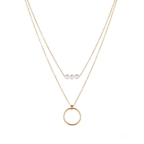 Triple pearl bead and circle drop layered necklace