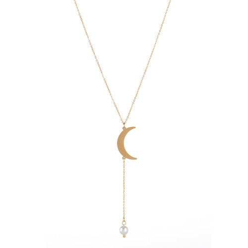 Stainless steel crescent moon charm with pearl drop necklace