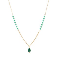 Malachite pendant necklace with green glass beaded chain