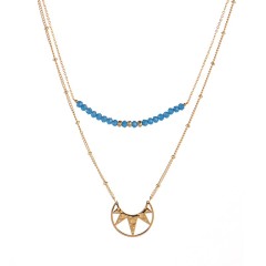 Mystery space pendant and blue bead bar layered necklace