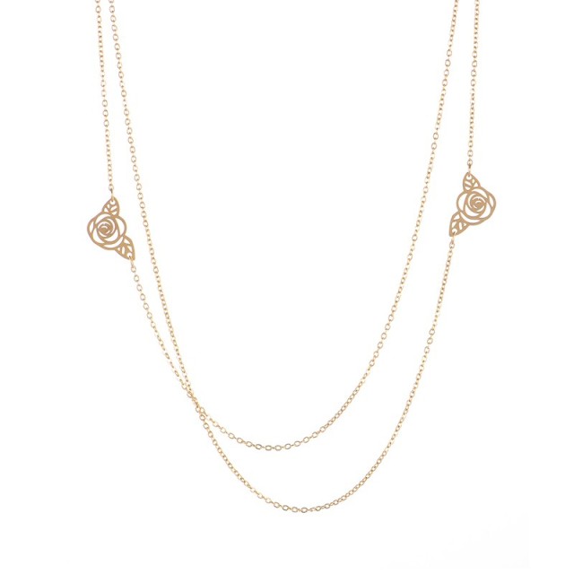 Double rose flower layered necklace in gold plating