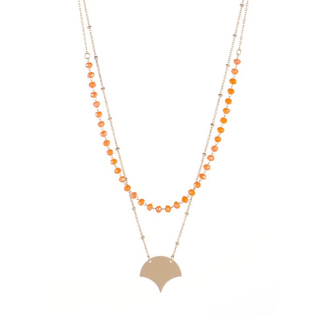 Art deco style ginkgo leaf with orange beaded chain layered necklace
