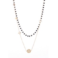 Monogram flower charms and black glass bead chain layered necklace