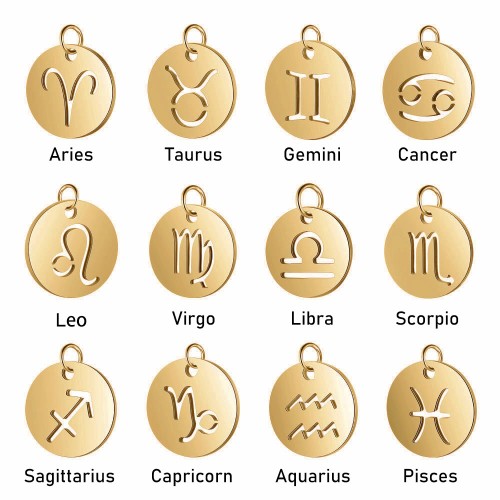 Zodiac sign pendant astrology horoscope disc charm in Stainless steel with gold plating T445-G-1