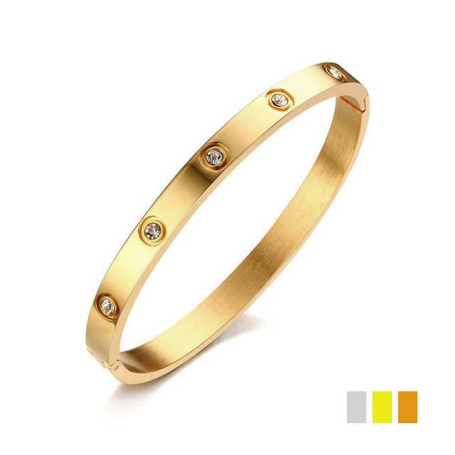 Stately Steel Cubic Zirconia Hinged Bangle Bracelet in gold plating B-147