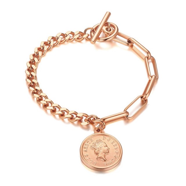 Rose gold plated chunky clip and curb chain toggle bracelet with coin B-802