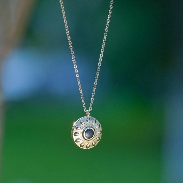 Gold and black enamel Roma shield medallion necklace in steel