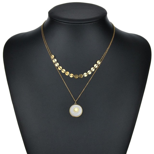 Starburst on white stone layered necklace with tiny disc chain